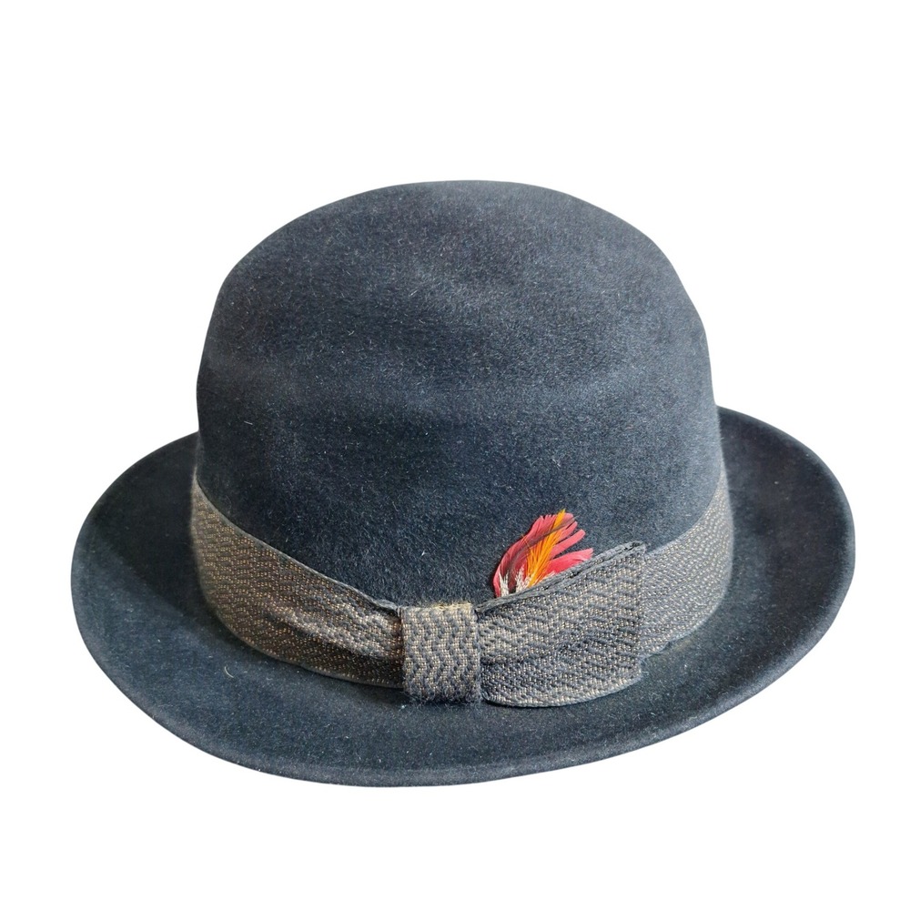 Champ Men's Large Vintage Fedora Hat Black Felt Silk Finish Feather Accent Hat